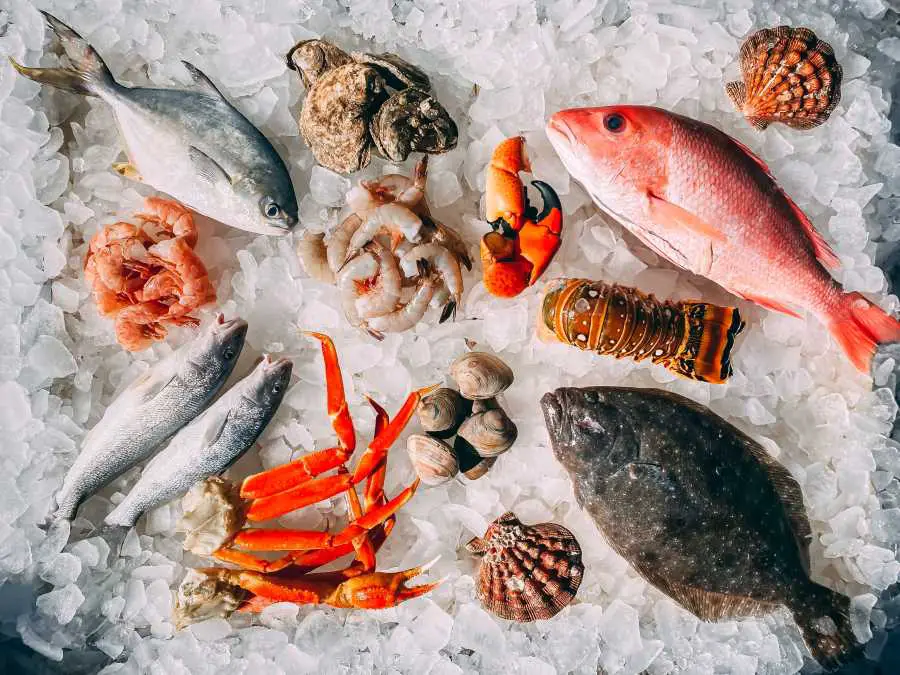 a variety of seafood on ice
