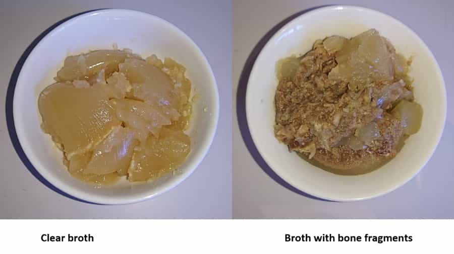 Pictures of a bowl of clear broth and a bowl of broth with lots of bone fragments which is a good source of calcium on the carnivore diet.