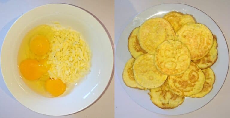 A bowl of raw egg and grated cheese and a plate of mini pancakes