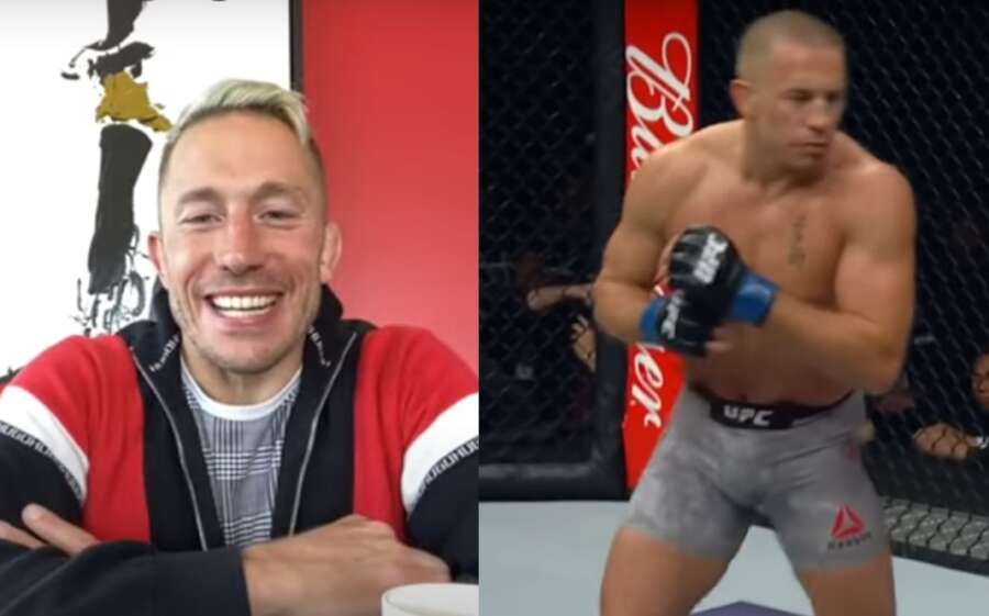 Two images of Georges St Pierre, one of him sitting down with a cup of coffee and one of him in the middle of a bout with Michael Bisping