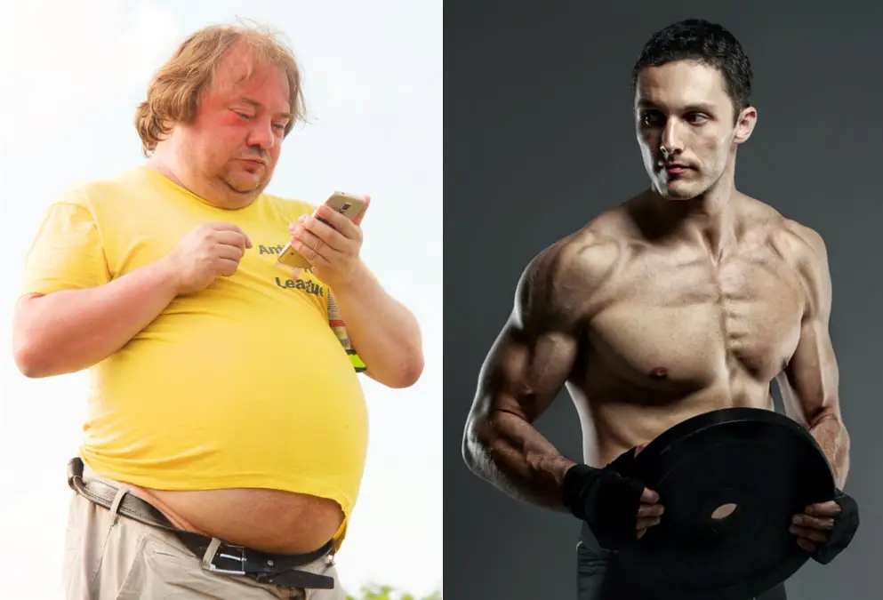 Image of an obese man looking at a phone and a lean man holding a weight plate