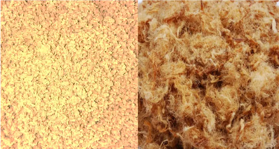 Pictures of powdery beef next to fibrous beef