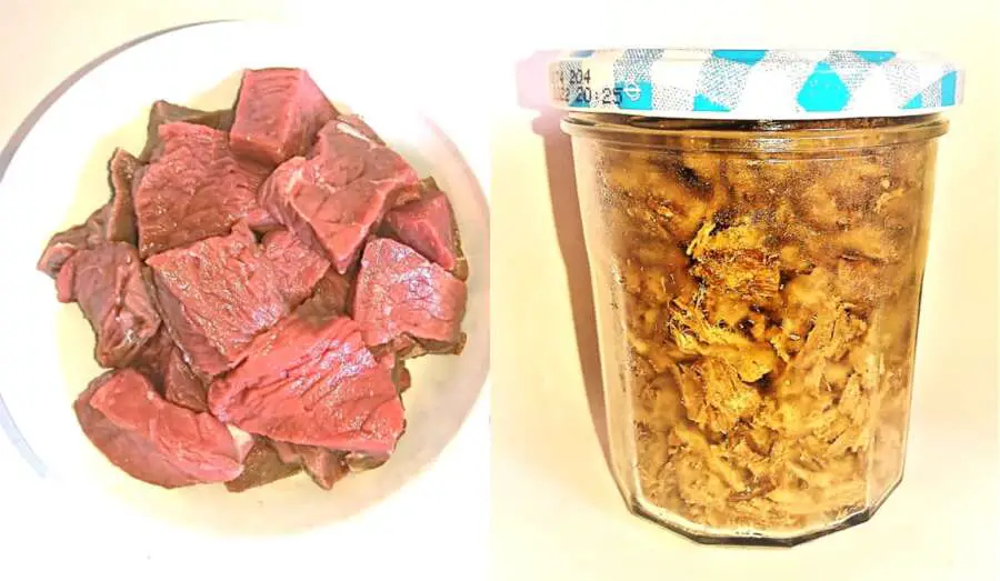 raw beef vs shredded beef n – Copy a bowl of raw beef and a jar of shredded cooked beef