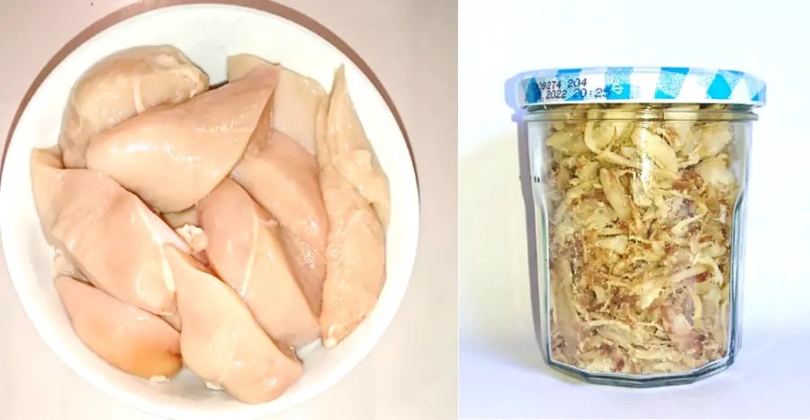 raw chicken and cooked shredded chicken – Copy A blow of raw chunks of chicken and a jar of cooked shredded chicken