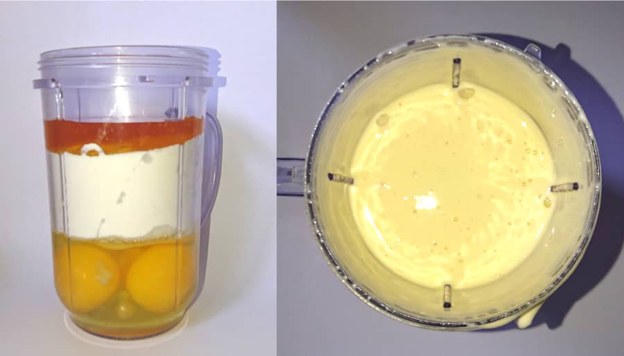 raw ingredients in a cup and after being processed with a food processor