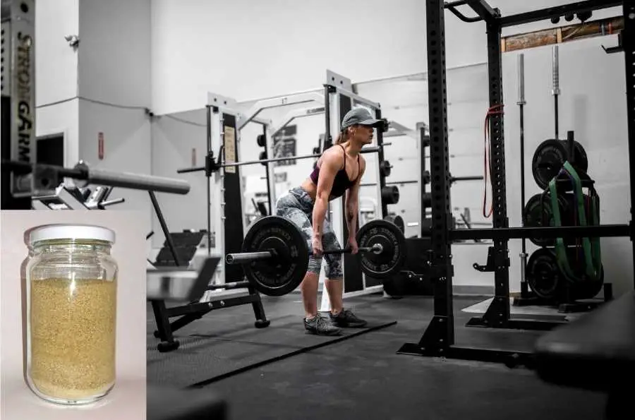 a jar of bone meal and a gym woman - bone meal is a great calcium supplement