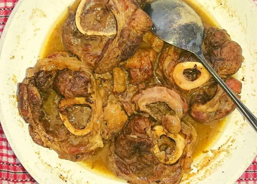 Braised osso buco in a pan