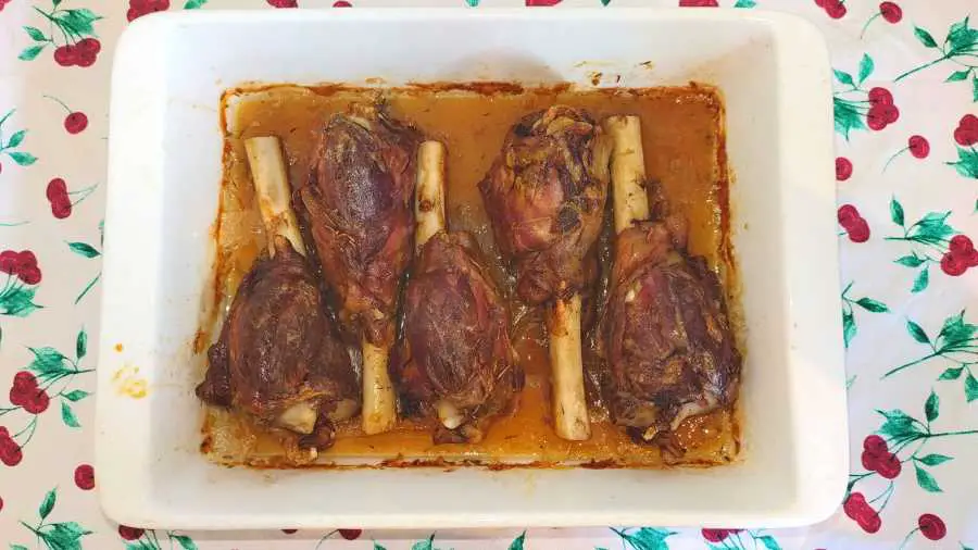Carnivore-ish slow roasted lamb shanks in a roasting dish