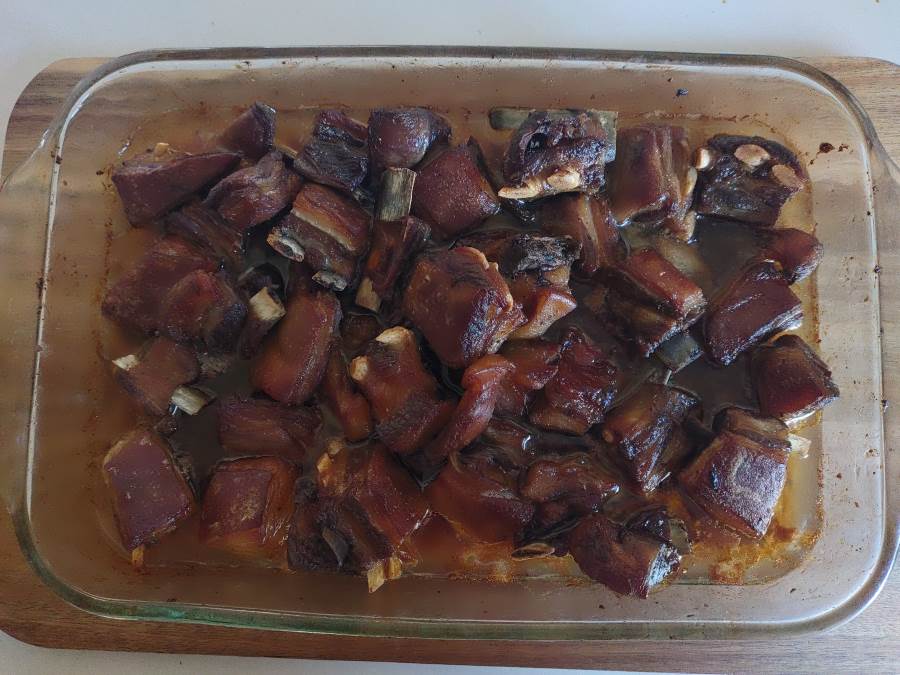 Korean style oven baked lamb ribs in a baking dish